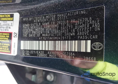 2021 Toyota Camry Se from USA, damaged, VIN 4T1G11AKXMU429173